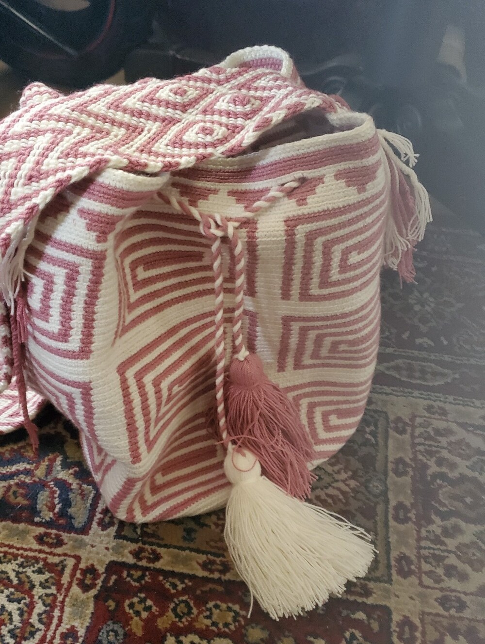Handwoven Pink & Cream Tassel Bucket Bag